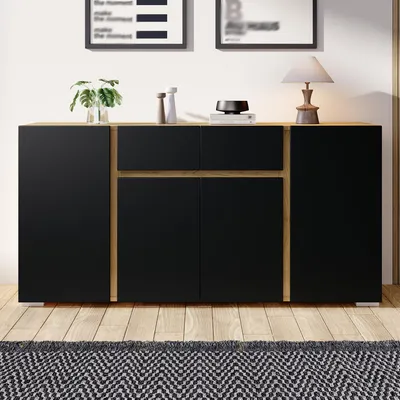 Produktbild von Merax Sideboard Kommode mit 4 Türen und 2 Schubladen, Wohnzimmerschrank aus MDF, verstellbare Einlegeböden, Aufbewahrungsschrank mit Stauraum, Schwarz