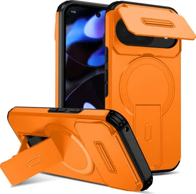 Obrázek produktu pro Magnetické pouzdro pro Google Pixel 9/Pixel 9 Pro/Pixel 10/Pixel 10 Pro, dvouvrstvé odolné pouzdro s posuvnou ochranou fotoaparátu a nastavitelným stojánkem Oranžová