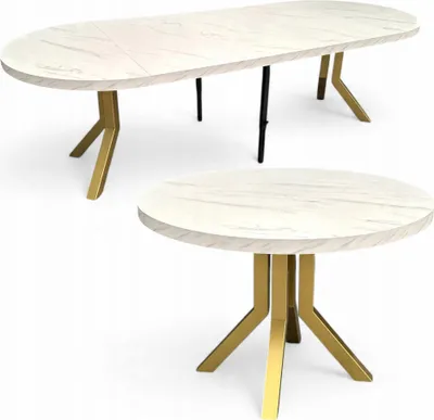 Produktbild von Ausziehbarer runder Esstisch Ø100–300 cm Marmor Weiß – Goldene Metallbeine X SLIM
