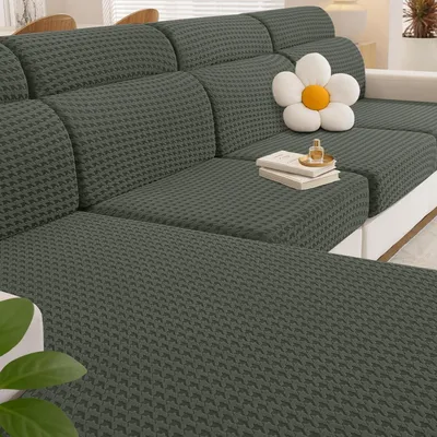 Produktbild von Sofa Sitzkissenbezug Stretch L-Form 1 Sitzer*3+Chaiselongue Militärgrün