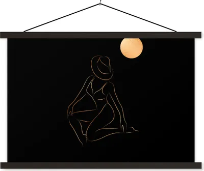 Produktbild von MuchoWow® Textilposter Frau - Hut - Mond - Strichzeichnung 150x100 cm mit schwarzem Rahmen - Schlafzimmer