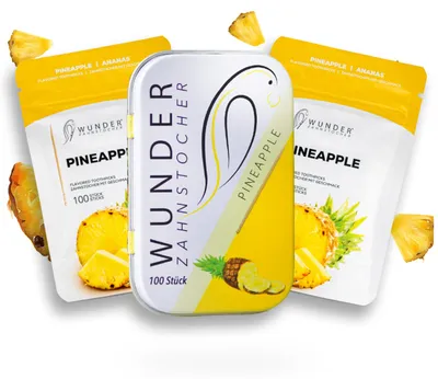 Produktbild von Wunder Zahnstocher mit Geschmack - 300er Vorratspack Ananas - anhaltender Geschmack - frischer Atem - gegen Nägelkauen - Alternative zu Kaugummi