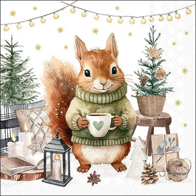 Produktbild von 20 Servietten Wooly - Eichhörnchen im gemütlicher Umgebung 33x33cm