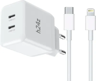 Produktbild von USB-C Ladegerät mit 2 USB-C Anschlüssen Netzteil – Weiß / Lightning 2 Meter