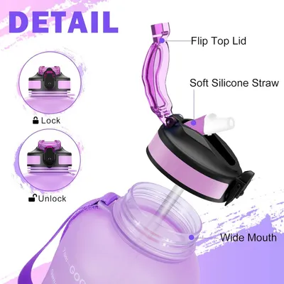 Image de Bouteille d'eau avec paille, 2 litres, sans BPA, avec indicateur de temps, en Tritan, idéale pour le sport et les voyages