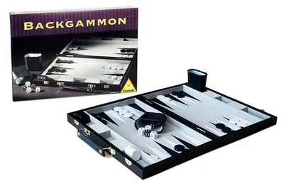 A backgammon set and its packaging are displayed against a white background.