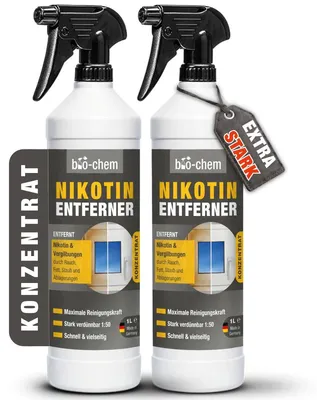 Produktbild von bio-chem Nikotinentferner Konzentrat 2x 1000 ML | Nikotin-Reiniger gegen Vergilbung, Ruß & Rauchfilm – Für Kunststoff, Fensterrahmen, Türen, Heizkörper & Wände | Starker Fettlöser Haushalt & Gastronomie