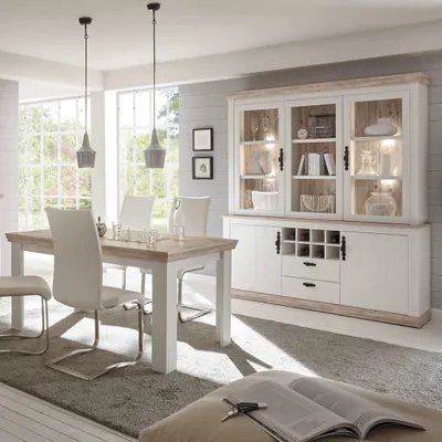 Produktbild von Buffetschrank und Esstisch Set im Landhaus-Stil FERNA-61 in Pinie weiß und Oslo dunkel Nb.