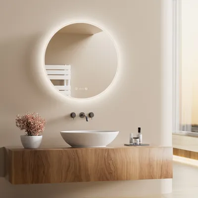 Obrázek produktu pro Heilmetz koupelnové zrcadlo 60 cm LED kulaté zrcadlo s osvětlením Multifunkční koupelnové zrcadlo Dotykový spínač+bez mlhy+hodiny
