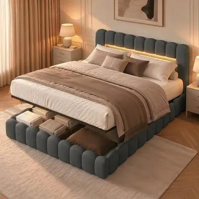 Produktbild von SUNFECILI Polsterbett 140x200 cm,Boxspringbett 140x200,mit Lattenrost,Weicher Rückenlehne und Kopfteil,USB,LED,Doppelbett,Baumstumpfbett,Leinen,Grau