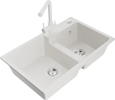 Produktbild von Mexen Tomas 2-Becken-Granitspüle mit Mischbatterie Duero, Weiß - 6516-20-671600-20