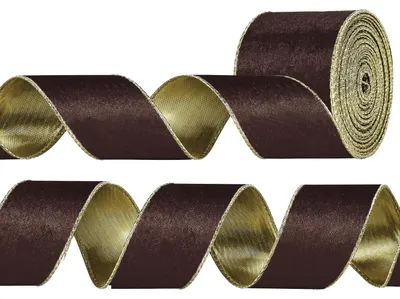 Samtband mit Drahtkante, 6,3 cm x 9,14 m, Goldrand, Braun