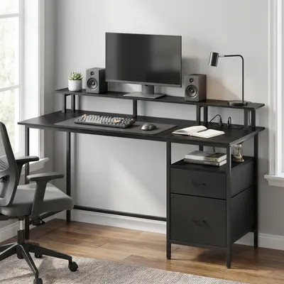 Produktbild von VASAGLE Arbeitstisch mit Monitorständer und Stoffschubladen, Computertisch mit Ladestation, für Büro, 140 x 60 cm, schwarz