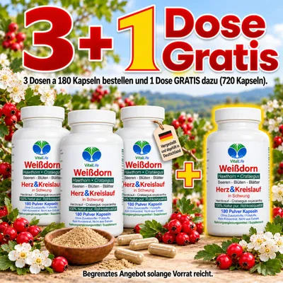 Produktbild von Weissdorn Weißdorn 720 (4x180) Pulver Kapseln - Blätter Blüten Beeren - Ohne Zusatzstoffe Natur Pur.