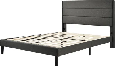 Obrázek produktu pro Čalouněná postel Sweiko Manželská postel s roštovým rámem a čelem a lněnou látkou, do ložnice - tmavě šedá 140 x 200 cm