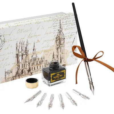 Zdjęcie produktu dla NASSAU FINE ART Zestaw do kaligrafii do ręcznego pisania | Podstawka na długopisy z 7 różnymi końcówkami i czarnym tuszem, zapakowany w eleganckie pudełko prezentowe