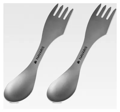 Produktbild von 3in1 Titan Campingbesteck 2er Set - 2 x Outdoor Göffel Spork - Messer, Löffel, Gabel inkl. Tasche - Essbesteck Kombination - Reisebesteck in Grau