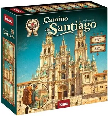 Produktbild von Brett- und Würfelspiel Camino de Santiago mit doppelseitigem Spielbrett und sechs Holzwürfeln