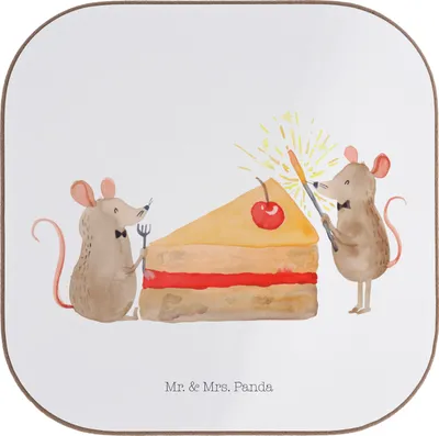 Produktbild von Mr. & Mrs. Panda Untersetzer Tasse Mäuse Kuchen - Weiß - Geschenk, Hungrig, Tischschoner, für Gläser, Kuchenliebe, Geburtstag, Design, Tassenuntersetzer, Coaster, Torte