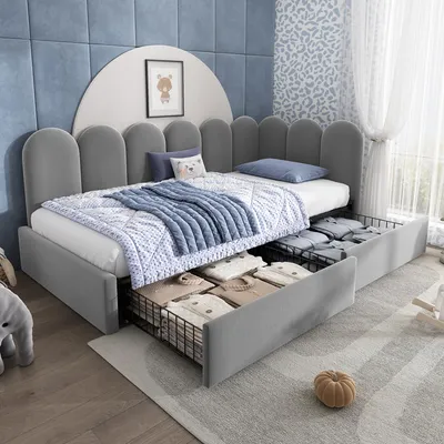 Immagine prodotto di Letto imbottito Flieks 90x200cm con 2 cassetti, divano letto con rete a doghe, letto da giorno letto per ospiti letto contenitore divano letto letto per bambini letto per ragazzi, velluto, grigio