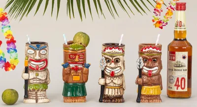 Produktbild von 4 Stück Set Tiki Cocktail Becher 440ml-550ml Keramik Tassen Cocktailglas Hawaii