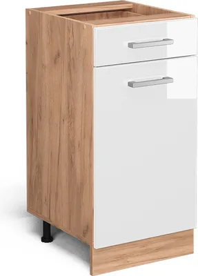 Produktbild von Vicco Küchenunterschrank R-Line, 40 cm ohne Arbeitsplatte, Weiß Hochglanz/Goldkraft Eiche