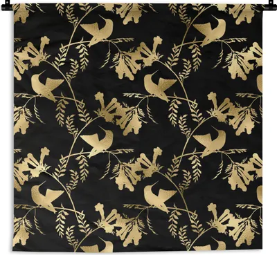 Produktbild von MuchoWow® Wandteppich Wandbehang Muster - Vögel - Gold 150x150 cm Tapisserie Dekoration Wandtuch - Wohnaccessoires - Modernes