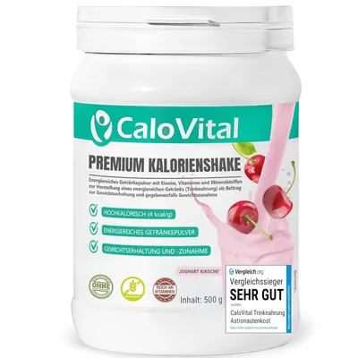 Produktbild von Trinknahrung hochkalorisch für Gewichtszunahme | Kohlenhydrate als Kalorien Shake von CaloVital | Hochdosiert & viele Vitamine Joghurt Kirsche 500g