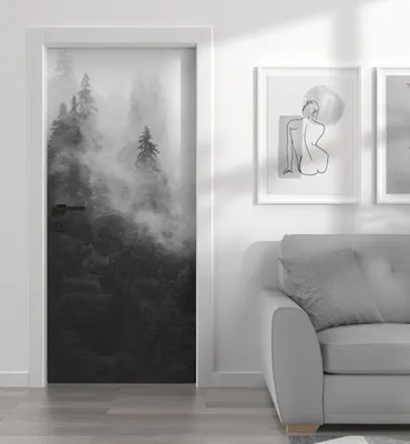 Produktbild von Türtapete Türposter Türfolie selbstklebend nebliger Wald schwarz-weiß
