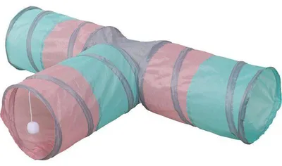Obrázek produktu pro Tunel pro kočky – KERBL – Trojúhelník – Tyrkysová/růžová/šedá – 80 × 50 × Ø 25 cm
