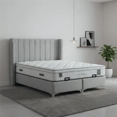 Immagine prodotto di Letto con materasso, stile moderno, grigio, con contenitore, rivestimento in tessuto