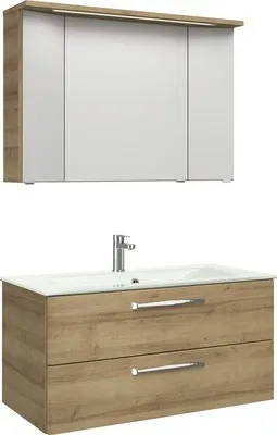 Produktbild von Pelipal Badmöbel-Set Kumba BxHxT 107 x 200 x 50 cm Frontfarbe riviera eiche mit Glas-Waschtisch weiß 99.107032147