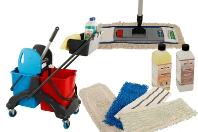 Produktbild von Axis Line Wischmop Komplettset mit Doppelfahrwagen Reinigungswagen 17 Liter Kunststoff und Ersatzmöppe und 2 x Profi Reinigungsmittel 50cm breite