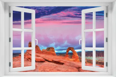 Produktbild von Wallario Poster mit Fenster-Illusion: Farbenfrohes Naturdenkmal - Steinbogen im Nationalpark Arches, Größe: 61 x 91,5 cm (Maxiposter)