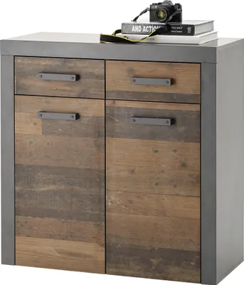 Produktbild von Kommode JONES 90x82x37 cm mit 2 Türen, 2 Schubkästen und LED-Beleuchtung Old Wood