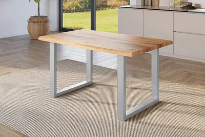 Produktbild von Refurbished Möbelretoure Esstisch 140x80 cm Baumkante Holz Wildeiche-Optik U-Gestell Metall silber JULIUS