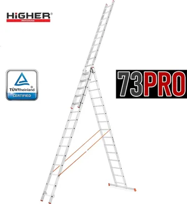A multi-purpose ladder is displayed against a white background, with branding and certification logos.