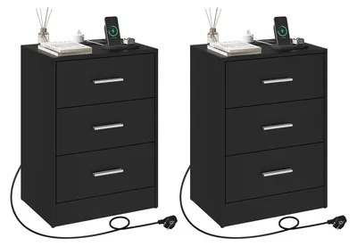 Obrázek produktu pro Noční stolek - 2 kusy - 3 zásuvky - zásuvka pro nabíjení - dřevo - 54 cm - černá barva