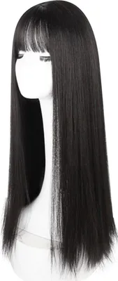 Produktbild von Lange schwarze gerade Perücke mit Pony, hitzebeständig, modisch, elegant, synthetisch, 28,3 Zoll