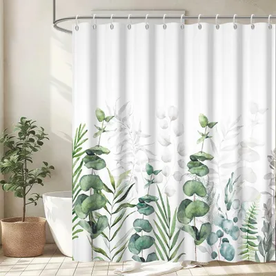 Produktbild von Duschvorhang 180 x 240 cm, schimmelresistent, mit grünem Blatt- und grauem Eukalyptusmotiv, wasserdichtem Polyestergewebe, waschbar, inklusive 12 Haken für das Badezimmer