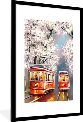 Produktbild von MuchoWow® Gerahmtes Poster Gemälde - Ölgemälde - Straßenbahn - Blühender Baum 60x90 cm - Poster mit Schwarzem Bilderrahmen Wandposter Rahmen Foto Bilder - Dekoration - Wandposter Wohnzimmer - Hochwertig