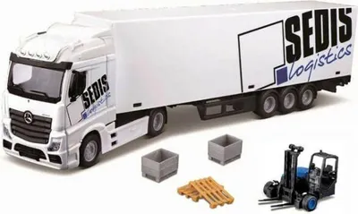 Image de Bburago 1:43 MB Actros SEDIS Logistics avec chariot élévateur et accessoires