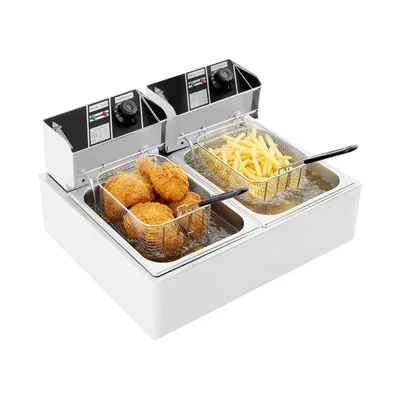 Fritteuse mit Korb, Elektrische Fritteusen, Kommerzielle Zwei-Behälter-Fritteuse für Pommes frites, Hähnchenflügel