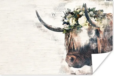 Produktbild von MuchoWow® Poster Schottische Highlander - Kühe - Blumen 180x120 cm - Fotoplakat
