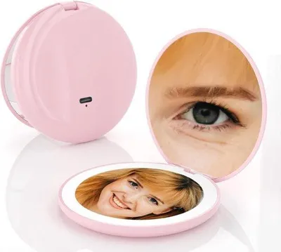 Image de Petit miroir de maquillage compact - Forme ronde, portable - Éclairage LED - Adapté aux voyages - Modèle UK15 - Rose.
