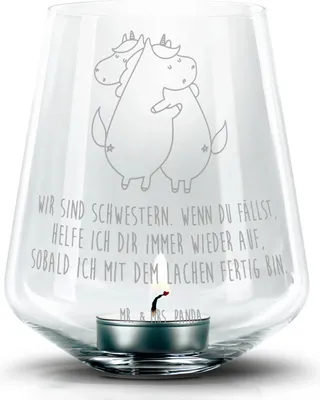 Produktbild von Mr. & Mrs. Panda Gravur Windlicht Einhörner Umarmen - Transparent - Geschenk, Einhorn, glas, Familie, Laterne, Schwester, Freundin, Teelichthalter, Unicorn, Kerzenhalter