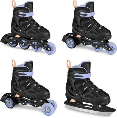 Produktbild von Verstellbare 4-in-1-Skates für Kinder – Inline-Skates, Triskates und Schlittschuhe – schwarz-violett