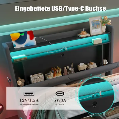 Produktbild von LVHOM Polsterbett 160x200cm mit LED&USB, Doppelbett mit Bettkasten, Jugendbett mit Kopfteil, Stauraumbett mit Lattenrost, Boxspringbett Dunkelgrau