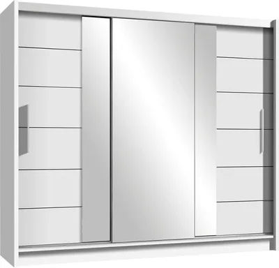 Produktbild von Furniture24 Kleiderschrank LIZBONA II 250 Schlafzimmer 2 Türiger Schwebetürenschrank Schrank mit Kleiderstange 8 Einlegeboden Spiegel 2 Schubladen Weiß Schiebetür