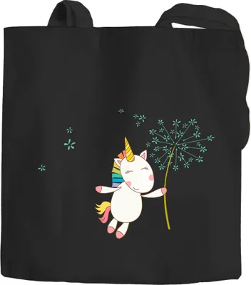 Produktbild von Baumwolltasche Einhorn mit Pusteblume Einhorn-Beutel Jutebeutel Stoffbeutel Moonworks® schwarz 2 lange Henkel